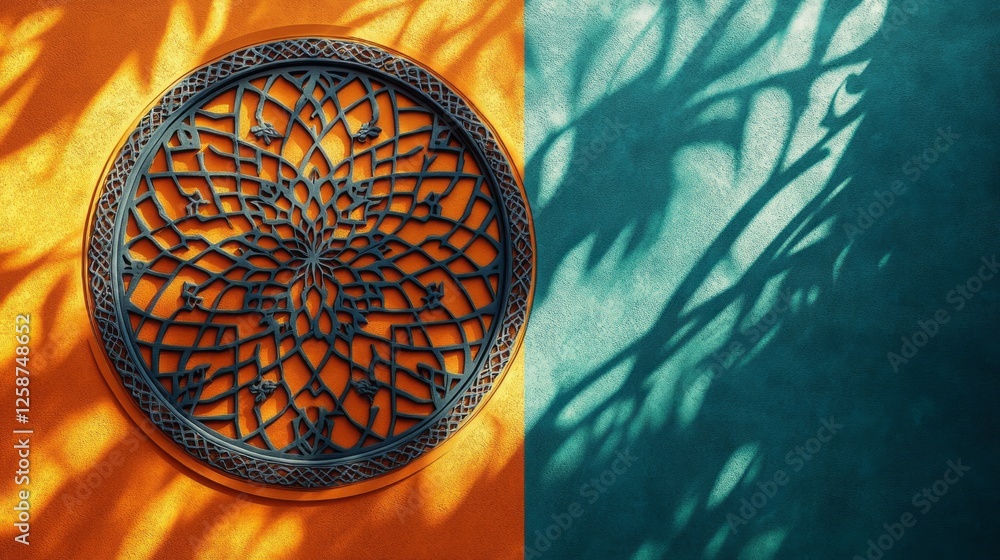 Poster artful play of shadows casts an intricate arabesque design in dark hues over rich orange and calming