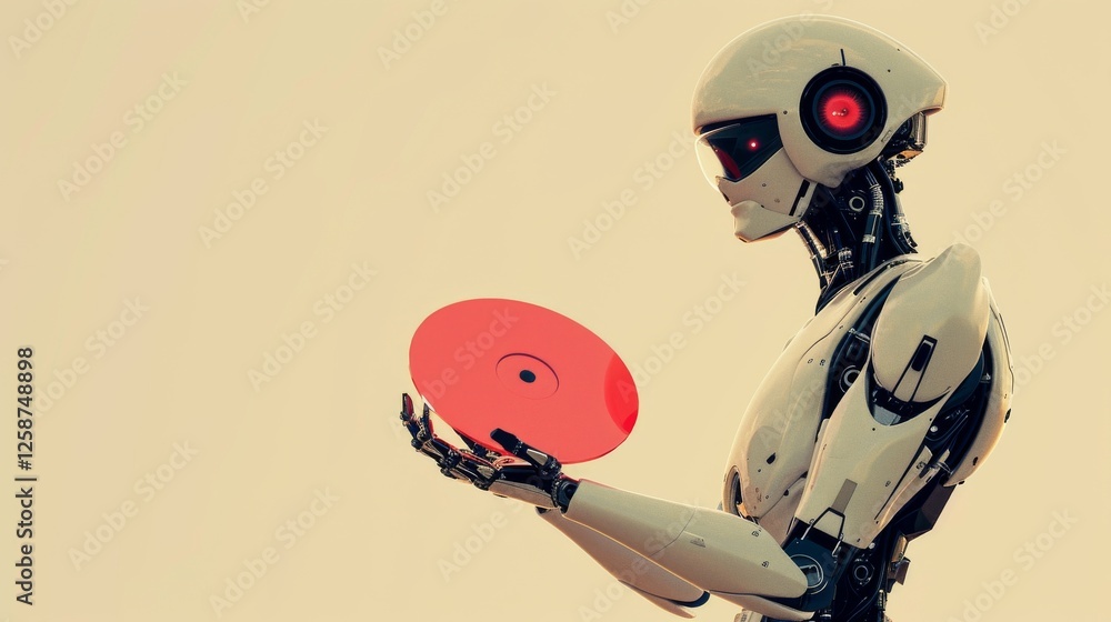 Poster a close-up side view of a futuristic robot holding a glowing red disc, symbolizing advancements in a