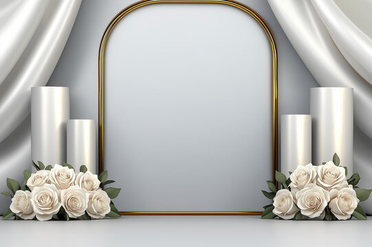 Product Display, Elegant luxury golden arched mirror frame with white roses and decorative gold cylindrical vases on soft fabric draped background in minimalistic romantic wedding concept