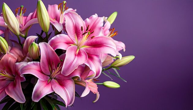 lilly flowers big bunch of beautiful lily flowers bouquet in a vase lillies pink lilies rotating fresh fragrant lilies over purple background holiday backdrop