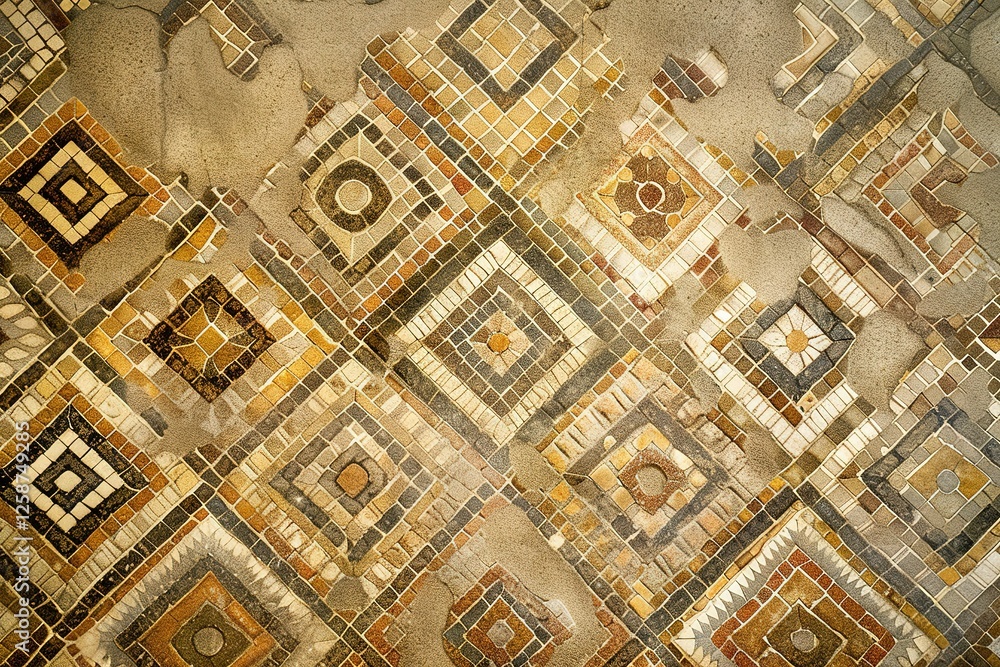 Poster mosaic tile floor with a pattern of squares and triangles