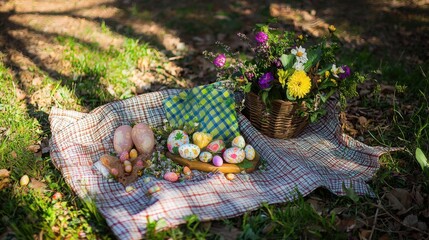 A vibrant Easter scene featuring a picnic blanket adorned with colorful decorated eggs, flowers, and a woven basket, set in a sunny outdoor park.