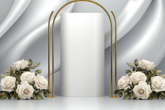 Product Display, Elegant luxury golden arched mirror frame with white roses and decorative gold cylindrical vases on soft fabric draped background in minimalistic romantic wedding concept