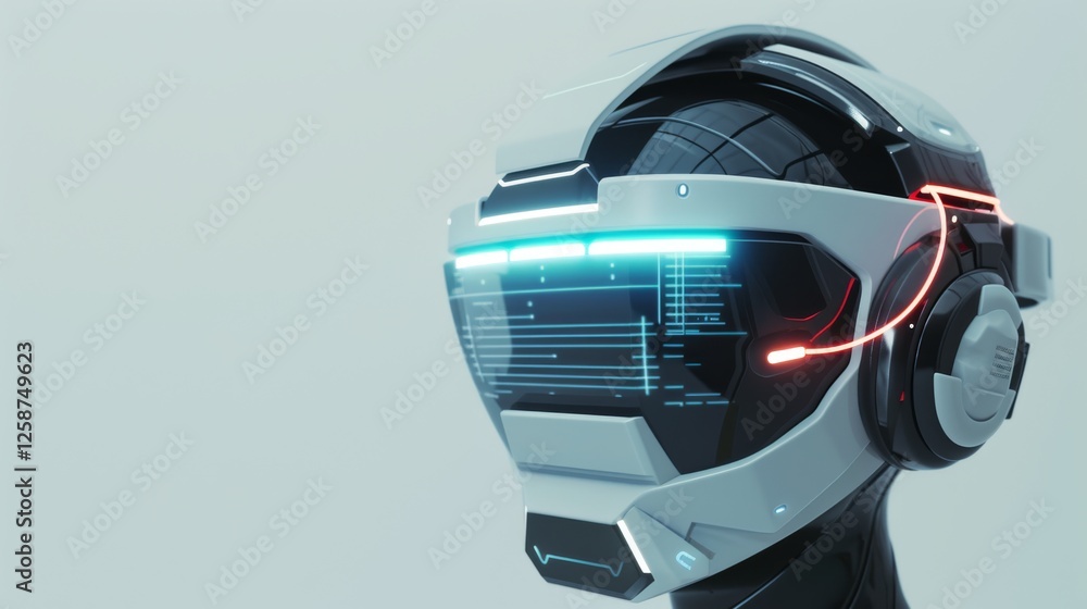 Poster a sleek and modern robotic head featuring a glowing visor and intricate technological details, repre
