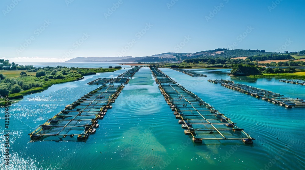 Poster a network of aqua farming structures is visible in clear blue waters under a bright sky. this tranqu