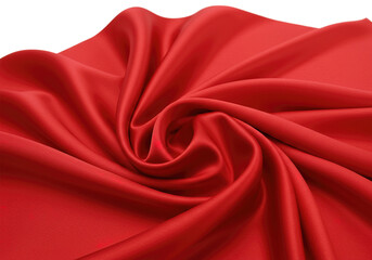 Obraz premium Bright red silk fabric draped in soft folds with smooth texture and vibrant color. The fabric's glossy surface highlights its luxurious and bold appearance. Isolated on white background.