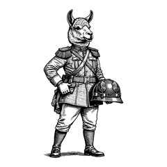 Obraz premium Llama Humanoid Animal Head Wearing Military Costume and Helmet Black and White Outline Line Art Drawing
