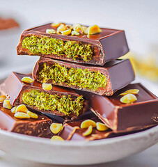 Dubai chocolate is a dessert made with milk chocolate, fried kadaifi dough, and pistachio paste