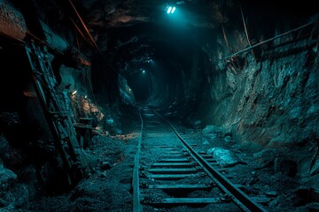 Naklejka premium Exploring a forgotten underground railway in a dimly lit abandoned mine