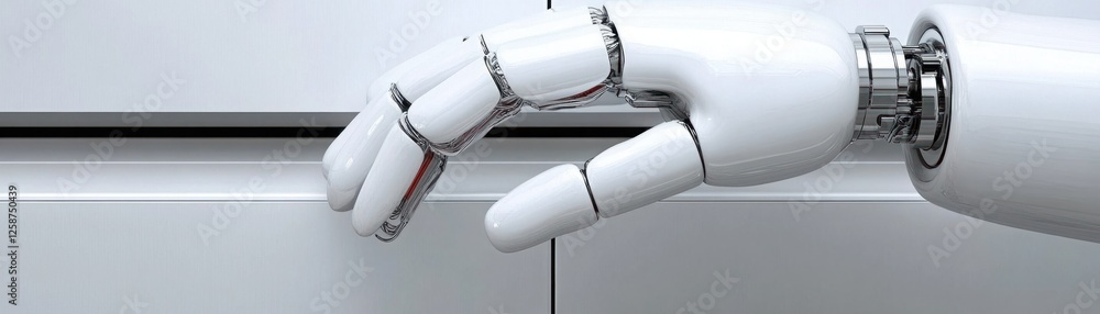Poster futuristic robotic hand reaching out towards sleek surface, showcasing intricate design in technolog