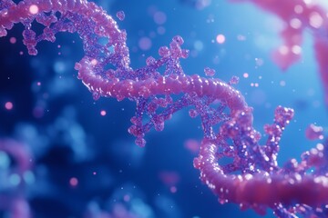 Pink DNA helix rotating, blue background, science, research