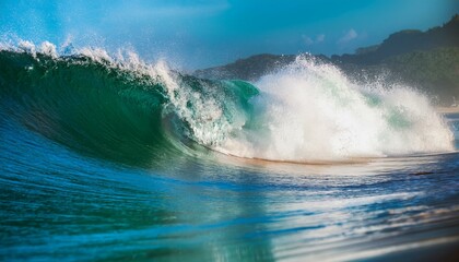 una ola gigante, en el la orilla de la playa, vista desde el interior