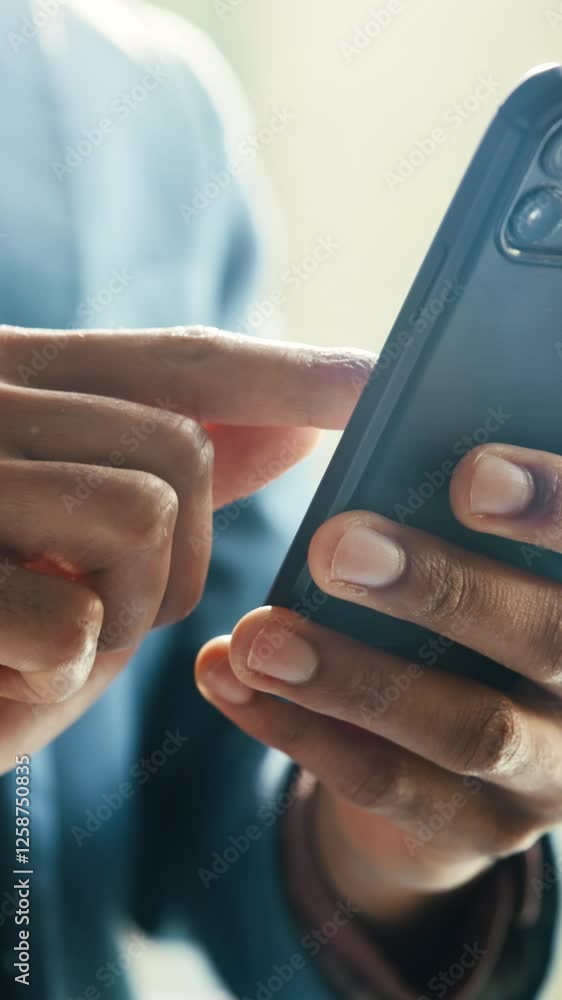 Poster scroll, phone and hands of business person in office for email response, connection and client feedb