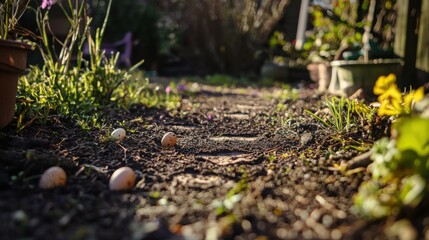 A beautifully lit garden path featuring scattered eggs, surrounded by vibrant plants and flowers. The scene evokes a peaceful, spring atmosphere.