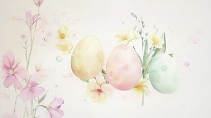 A beautiful illustration features three pastel Easter eggs surrounded by delicate flowers on a light background, creating a soft and isolated creative vibe.