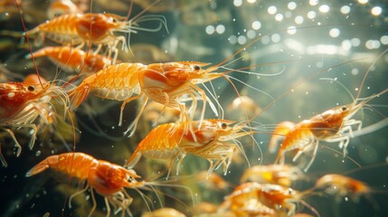 Bright orange shrimp are seen swimming in a clear aquatic environment, surrounded by bubbles and shafts of sunlight filtering through the water during daytime.