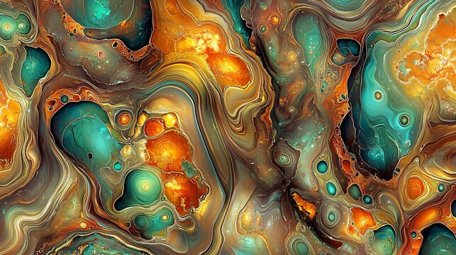 Abstract swirling teal orange marble texture background