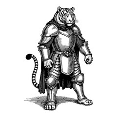 Tiger Humanoid Knight in Armor Standing Proudly Black and White Outline Line Art Drawing