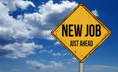 New job  metallic vintage sign over  blue sky