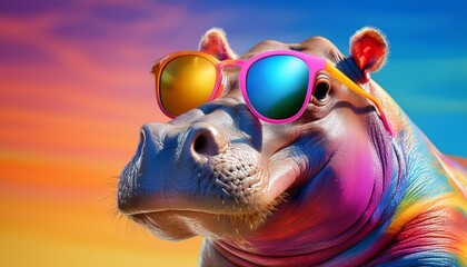colorful hippopotamus with sunglasses enjoys a vibrant atmosphere in a playful and artistic setting