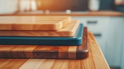 Fototapeta premium Stacked Wooden Cutting Boards in a Bright Kitchen Setting with Soft Natural Light Shining on the Surface and Warm Wooden Tones