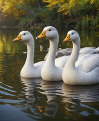 Obraz premium Flock of white and grey geese with vibrant yellow beaks swimming peacefully on serene pond, peaceful, swimming, serene, waterfowl