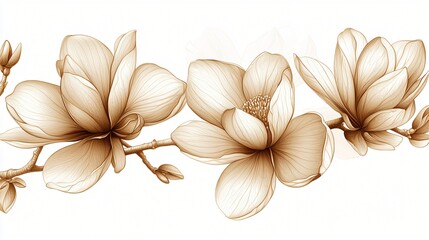 Beige magnolia blossoms branch, floral design, white background, home decor