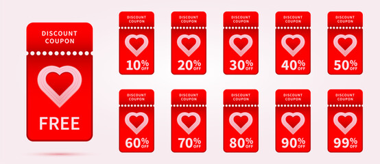 Set of romantic discount coupon for promotion in store on white background