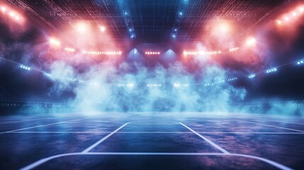 Obraz premium Vibrant scene of an arena court bathed in a dynamic display of lights and atmospheric haze, creating a sense of anticipation.
