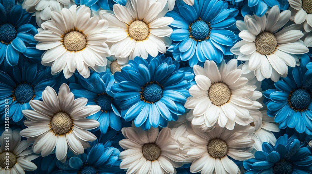 Wall mural Blue and white daisies close-up; floral background; greeting card design