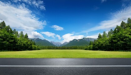 horizontal view of empty asphalt road background of trees and green grass and mountain lush green meadows spread out on both sides meadow clear blue sky with fluffy white clouds