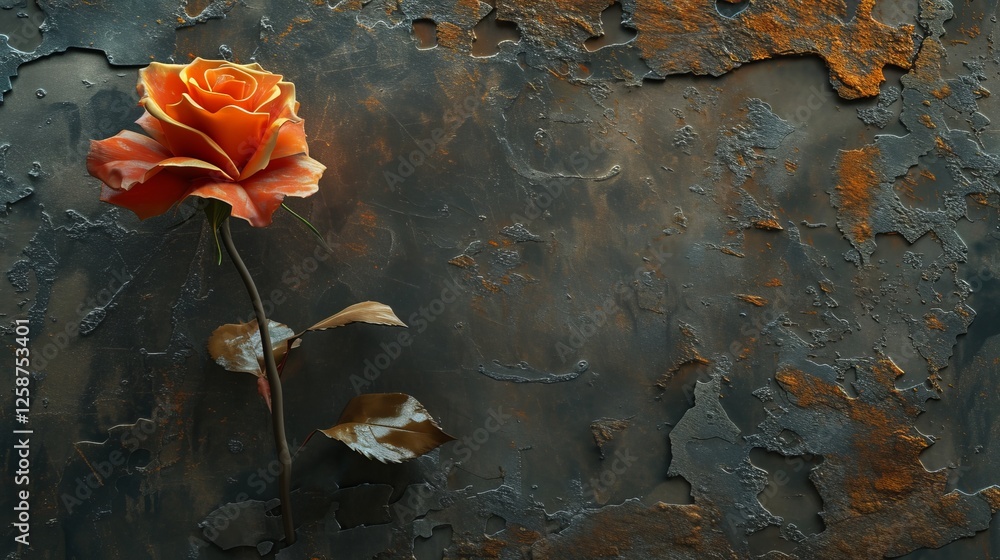 Poster vibrant orange rose placed on a textured metallic surface with visible rust patterns, creating a str