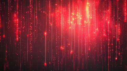 Abstract digital rain background with red glowing lines, particles and binary code creating a technological or futuristic feeling.