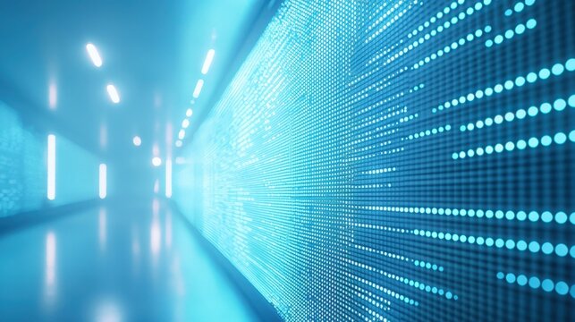 Abstract blue light display in a futuristic hallway. A wall is covered in blue LED lights creating patterns and light effects.