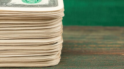 Close-Up View of Stacked Dollar Bills Against a Green Background, Showcasing Currency Texture and Financial Themes for Stock Photography