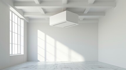 Sunlight streams into an empty, minimalistic room with large windows, white walls, and a modern ceiling fixture, creating a clean and open space. AI generated.