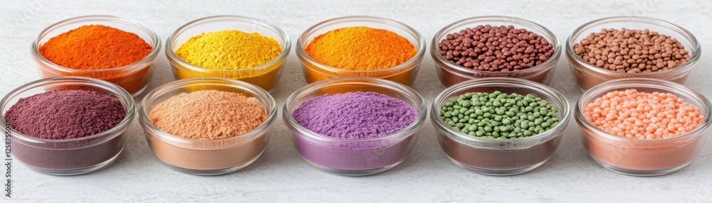 Poster vibrant spectrum of colorful powders displayed in small bowls on a light background for culinary or 