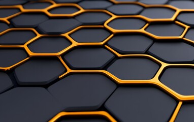 A modern black surface with interconnected gold hexagons, creating a sleek and futuristic design