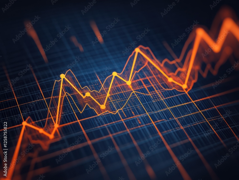 Poster digital financial data visualization with vibrant orange line graph showing fluctuating trends again