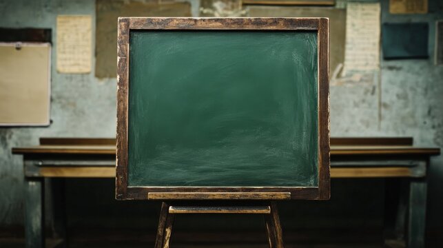 Empty chalkboard on wooden easel in rustic classroom setting with blurred background displaying aged papers and classroom items, evoking nostalgia and education concepts