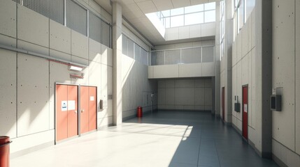 Empty Industrial Hallway With Red Doors And Concrete Walls