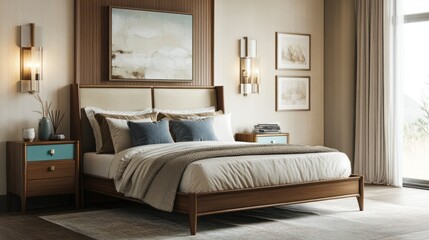 Modern Bedroom Interior Design Featuring Wooden Bed and Artwork