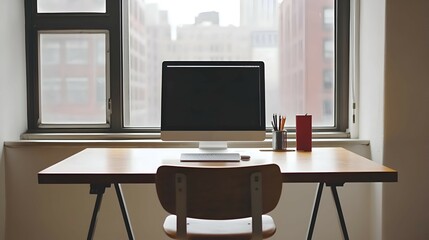 Contemporary desk and chair in a well-lit home office with blank walls around