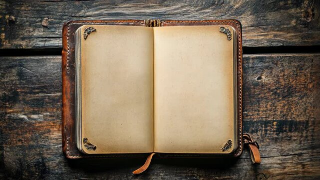 Leather-bound journal rests open on a rustic wooden table inviting creativity and reflection