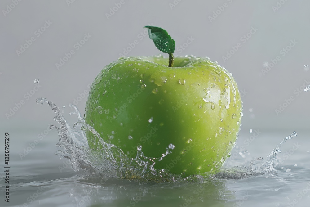 Poster a vibrant green apple is dramatically splashing into water, with droplets forming around it. the hig