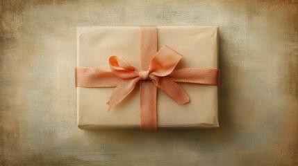 Elegant Wrapped Gift Box with Soft Peach Ribbon on Textured Background, Perfect for Celebrations, Anniversaries, and Special Occasions