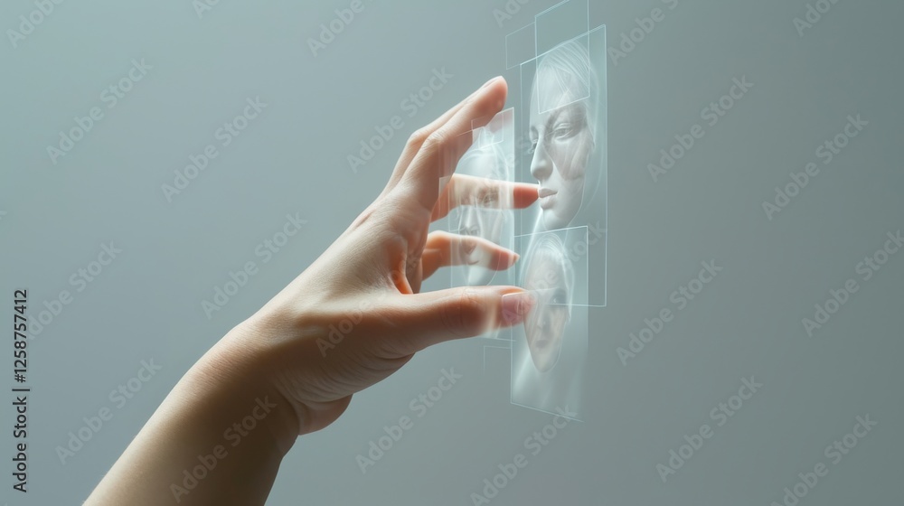 Poster close-up of a hand interacting with a futuristic holographic interface displaying faces, representin