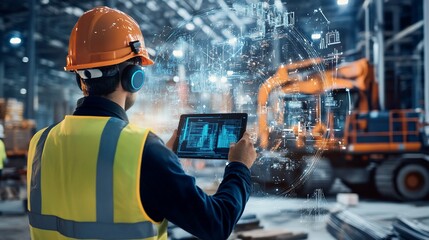 Engineer using tablet, digital overlay showing construction site data and machinery.
