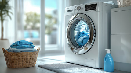 Modern front-loading washing machine with blue towels in bright laundry room interior, clean home appliance with detergent bottles and wicker baskets for organization concept