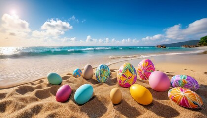 happy easter celebration on a sunny beach with colorful decorations and eggs in the sand